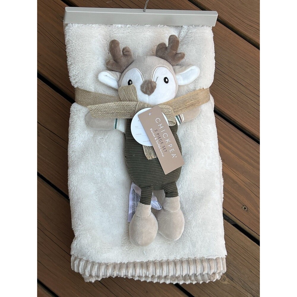 Chick Pea Baby Blanket Set Beige Ribbed Trim Plush Deer Lovey Green Overalls New
